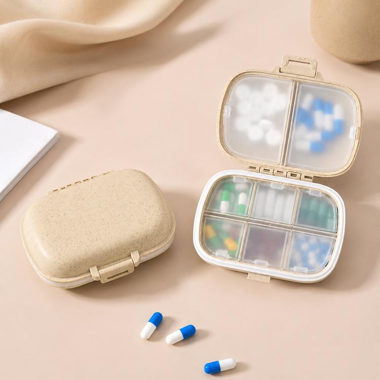 Travel Pill Organizer 8 Compartments Wheat Straw Pill Box for Purse Portable Pocket Medicine Case with Moisture-Proof Lids - Beige