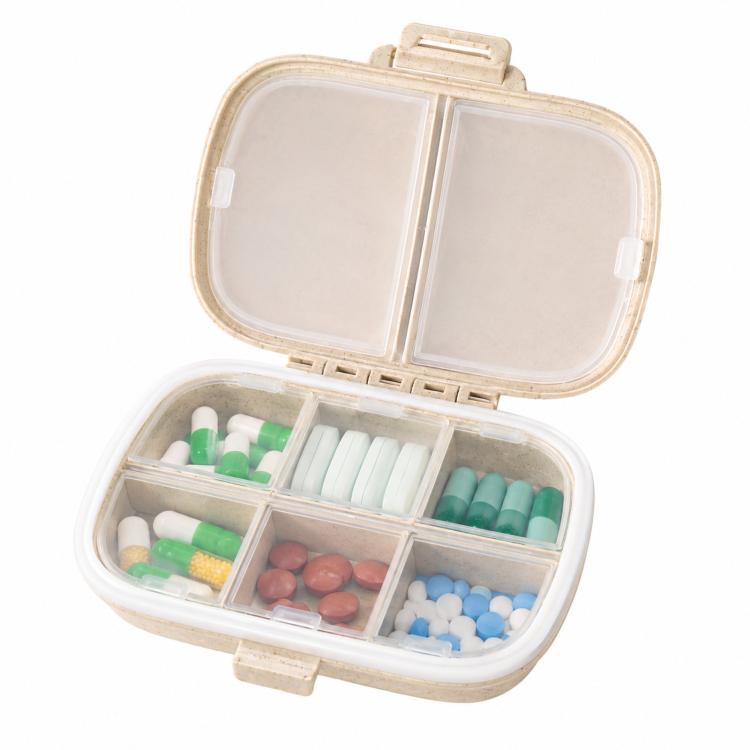 Travel Pill Organizer 8 Compartments Wheat Straw Pill Box for Purse Portable Pocket Medicine Case with Moisture-Proof Lids - Beige