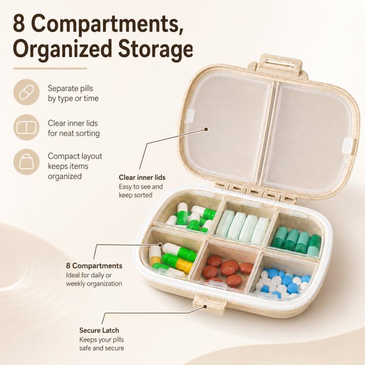 Travel Pill Organizer 8 Compartments Wheat Straw Pill Box for Purse Portable Pocket Medicine Case with Moisture-Proof Lids - Beige