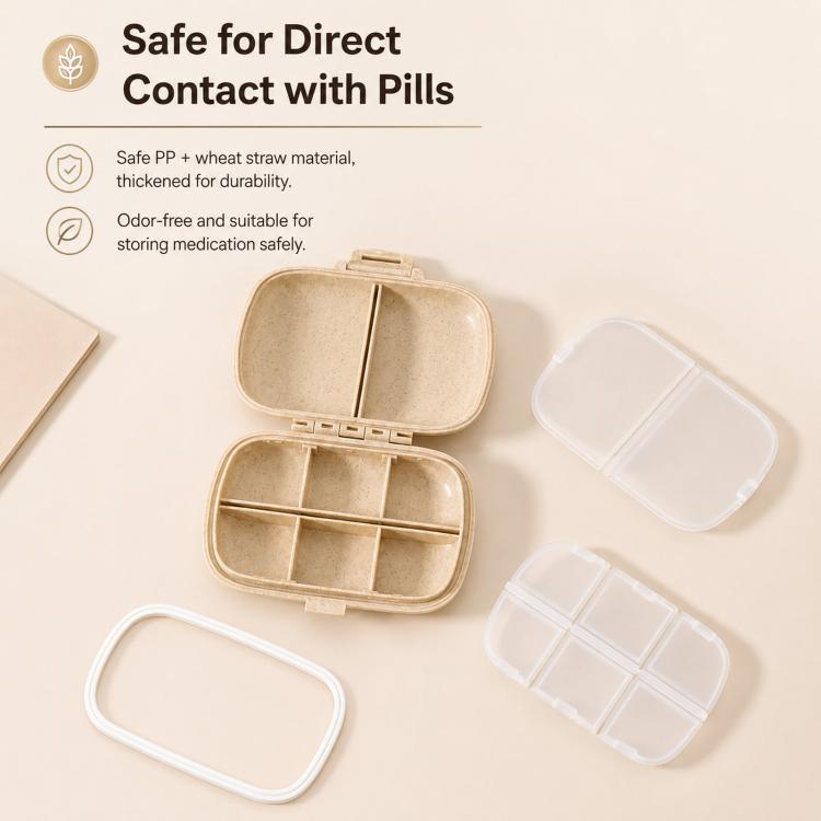Travel Pill Organizer 8 Compartments Wheat Straw Pill Box for Purse Portable Pocket Medicine Case with Moisture-Proof Lids - Beige