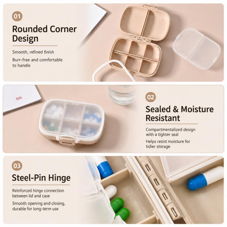 Travel Pill Organizer 8 Compartments Wheat Straw Pill Box for Purse Portable Pocket Medicine Case with Moisture-Proof Lids - Beige