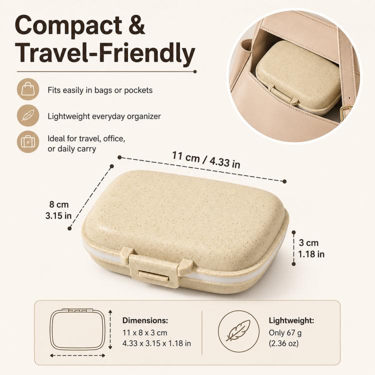 Travel Pill Organizer 8 Compartments Wheat Straw Pill Box for Purse Portable Pocket Medicine Case with Moisture-Proof Lids - Beige