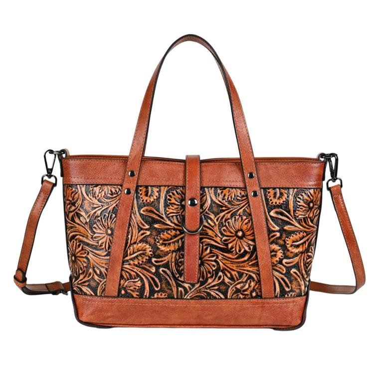 Carved Color-Block Women Handbag, Vintage Large-Capacity Crossbody Bag