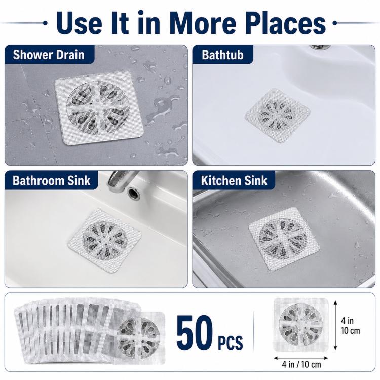50pcs Disposable Shower Drain Hair Catcher Mesh Stickers Drain Cover Catcher for Bathroom, Bathtub, Kitchen Sink 4x4 Inch Square