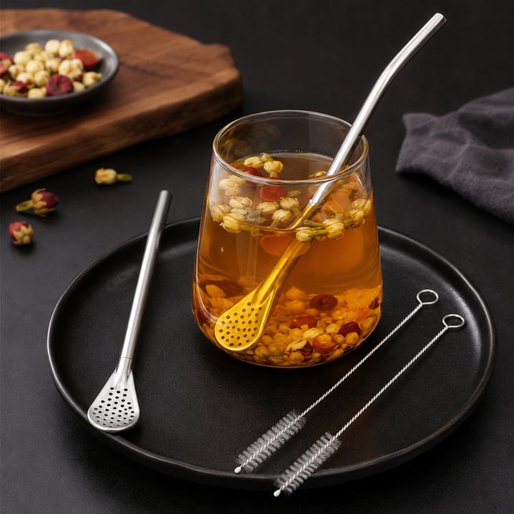 2pcs /Pack Detachable Yerba Mate Straw Spoon Reusable 304 Food-Grade Stainless Steel Loose Leaf Tea Straw Filter with 2 Cleaning Brushes - Natural Color