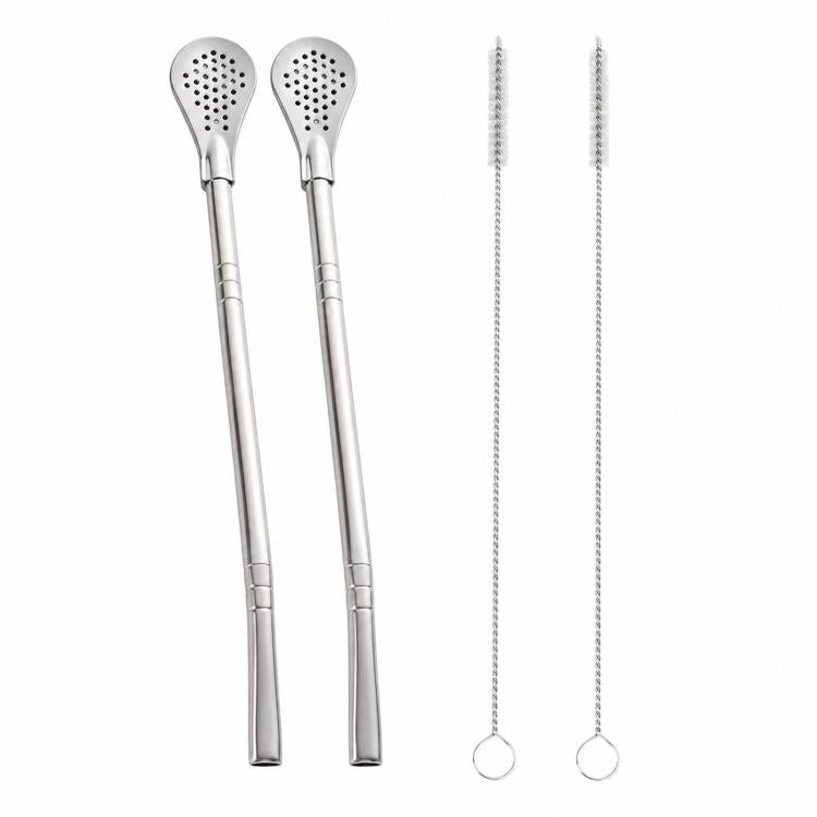 2pcs /Pack Detachable Yerba Mate Straw Spoon Reusable 304 Food-Grade Stainless Steel Loose Leaf Tea Straw Filter with 2 Cleaning Brushes - Natural Color