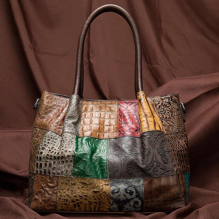 Ethnic-Style Leather Women Handbag Handcrafted Color-Blocked Large-Capacity Shoulder Bag - Random Color