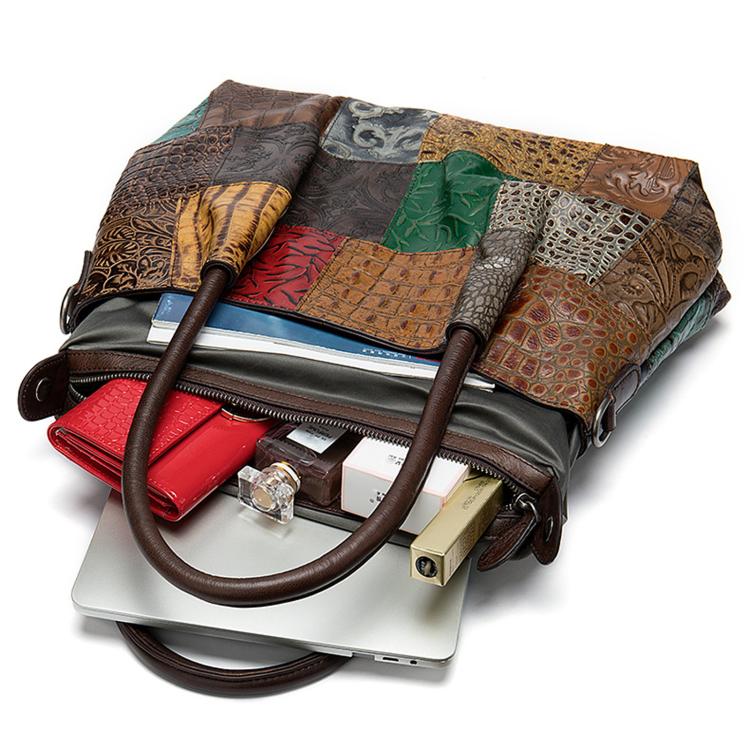 Ethnic-Style Leather Women Handbag Handcrafted Color-Blocked Large-Capacity Shoulder Bag - Random Color