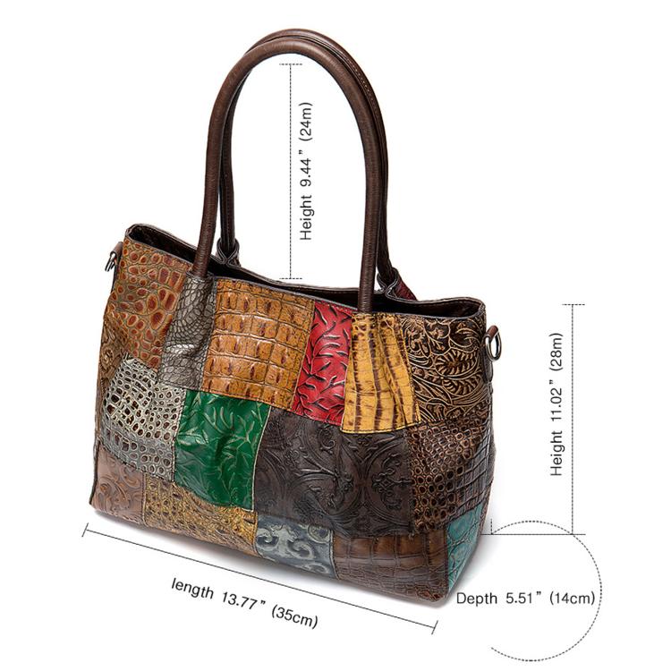 Ethnic-Style Leather Women Handbag Handcrafted Color-Blocked Large-Capacity Shoulder Bag - Random Color