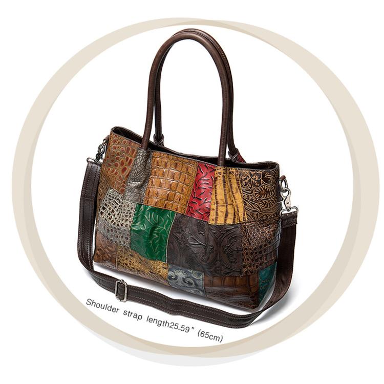 Ethnic-Style Leather Women Handbag Handcrafted Color-Blocked Large-Capacity Shoulder Bag - Random Color
