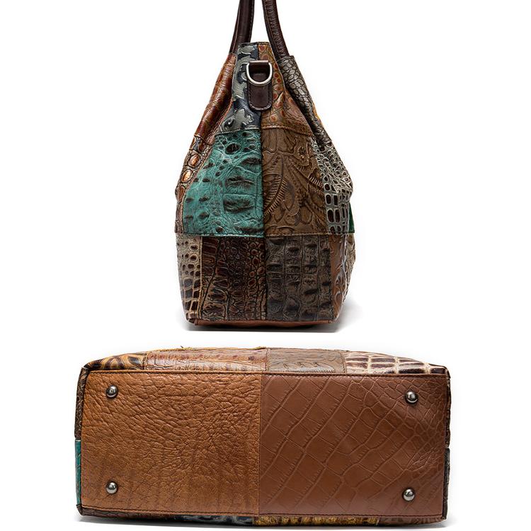 Ethnic-Style Leather Women Handbag Handcrafted Color-Blocked Large-Capacity Shoulder Bag - Random Color