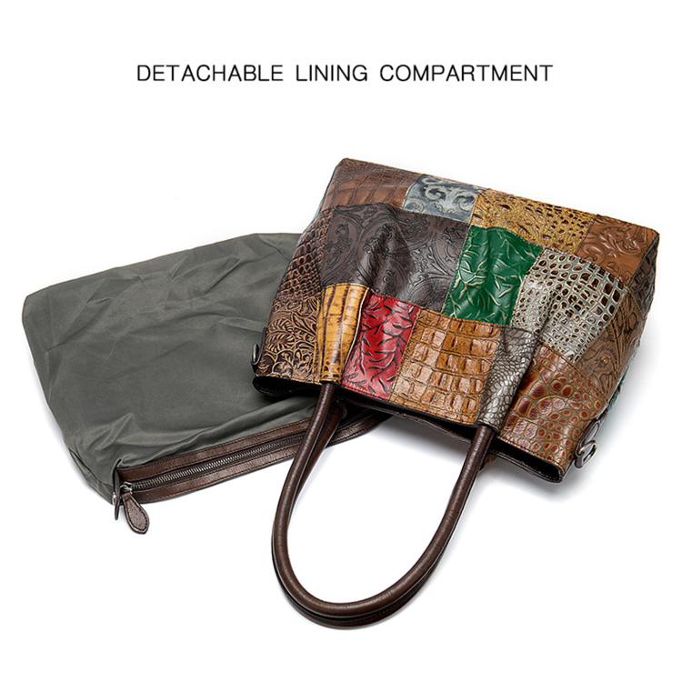 Ethnic-Style Leather Women Handbag Handcrafted Color-Blocked Large-Capacity Shoulder Bag - Random Color