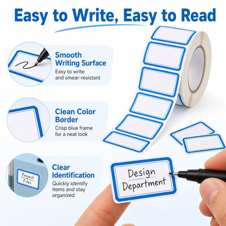 500pcs /Roll Write-On Labels with Color Borders 1.57 x 0.98 Inch Self-Adhesive File Folder Labels Easy Writing Blank Stickers - Blue