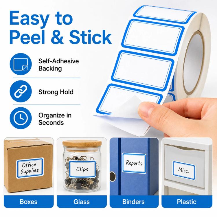 500pcs /Roll Write-On Labels with Color Borders 1.57 x 0.98 Inch Self-Adhesive File Folder Labels Easy Writing Blank Stickers - Blue