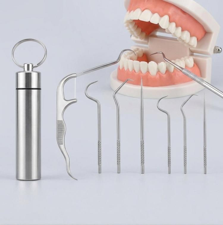 7-Piece Stainless Steel Toothpick Set Reusable Dental Pick Kit With Portable Metal Case Deep Teeth Cleaning Tool For Oral Hygiene - Natural Color