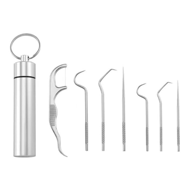 7-Piece Stainless Steel Toothpick Set Reusable Dental Pick Kit With Portable Metal Case Deep Teeth Cleaning Tool For Oral Hygiene - Natural Color