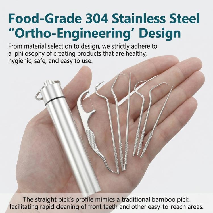 7-Piece Stainless Steel Toothpick Set Reusable Dental Pick Kit With Portable Metal Case Deep Teeth Cleaning Tool For Oral Hygiene - Natural Color