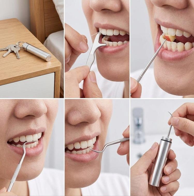 7-Piece Stainless Steel Toothpick Set Reusable Dental Pick Kit With Portable Metal Case Deep Teeth Cleaning Tool For Oral Hygiene - Natural Color