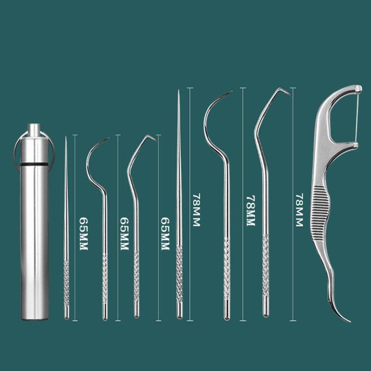 7-Piece Stainless Steel Toothpick Set Reusable Dental Pick Kit With Portable Metal Case Deep Teeth Cleaning Tool For Oral Hygiene - Natural Color