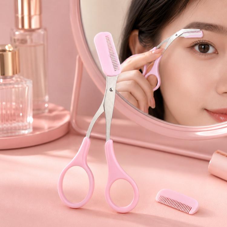 Eyebrow Scissors with Comb 2-in-1 Stainless Steel Curved Eyebrow Trimmer Scissors Beauty Shears for Women - Pink