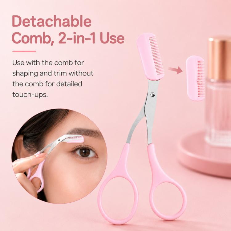 Eyebrow Scissors with Comb 2-in-1 Stainless Steel Curved Eyebrow Trimmer Scissors Beauty Shears for Women - Pink