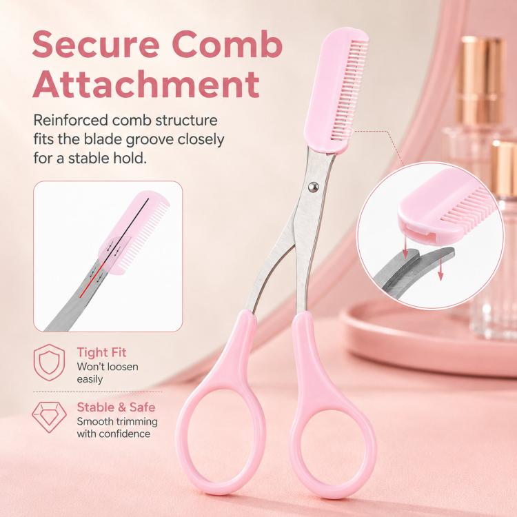 Eyebrow Scissors with Comb 2-in-1 Stainless Steel Curved Eyebrow Trimmer Scissors Beauty Shears for Women - Pink