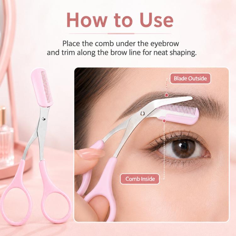 Eyebrow Scissors with Comb 2-in-1 Stainless Steel Curved Eyebrow Trimmer Scissors Beauty Shears for Women - Pink