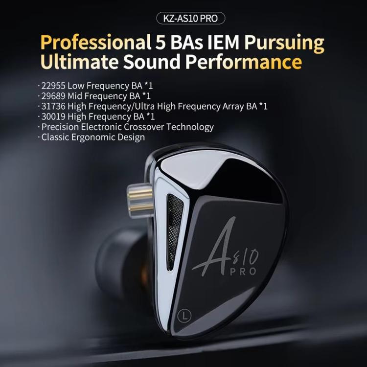 KZ AS10 PRO 10-driver Dynamic Driver In-Ear Hi-Fi Music 1.2m Wired Earphones, Spec: With Mic