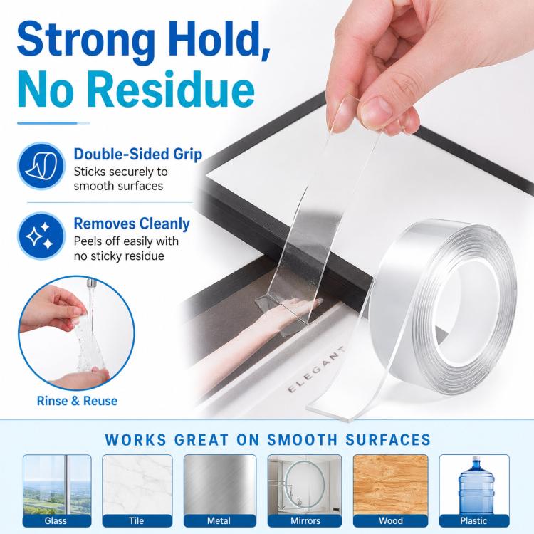 Nano Double Sided Tape Washable Removable Clear Gel Grip Tape Reusable Mounting Tape Waterproof & Removable 0.04in Thickx1.2in Wide x 3.3ft Long