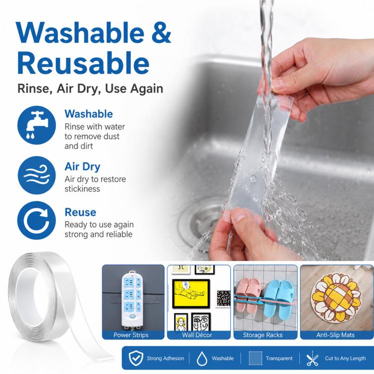 Nano Double Sided Tape Washable Removable Clear Gel Grip Tape Reusable Mounting Tape Waterproof & Removable 0.04in Thickx1.2in Wide x 3.3ft Long