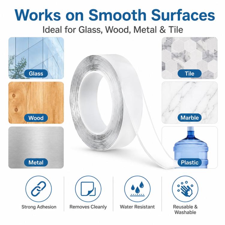 Nano Double Sided Tape Washable Removable Clear Gel Grip Tape Reusable Mounting Tape Waterproof & Removable 0.04in Thickx1.2in Wide x 3.3ft Long