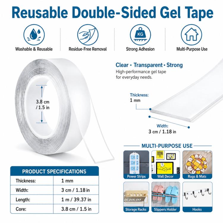 Nano Double Sided Tape Washable Removable Clear Gel Grip Tape Reusable Mounting Tape Waterproof & Removable 0.04in Thickx1.2in Wide x 3.3ft Long