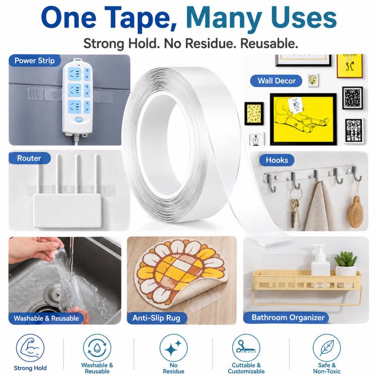 Nano Double Sided Tape Washable Removable Clear Gel Grip Tape Reusable Mounting Tape Waterproof & Removable 0.04in Thickx1.2in Wide x 3.3ft Long