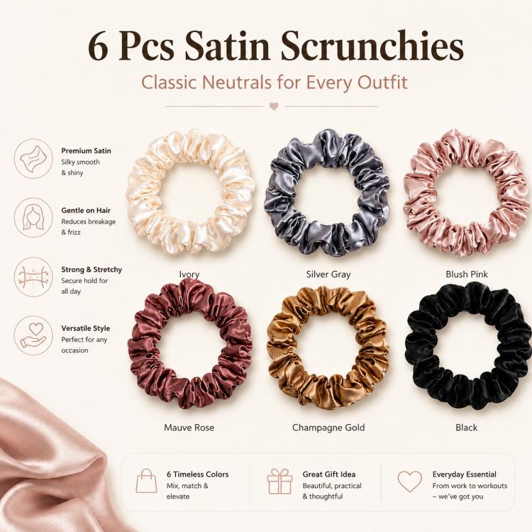 6pcs /Pack Satin Hair Scrunchies Set Minimalist Soft Hair Ties for Women and Girls Gentle No-Damage Silk-Like Hair Accessories - 1374