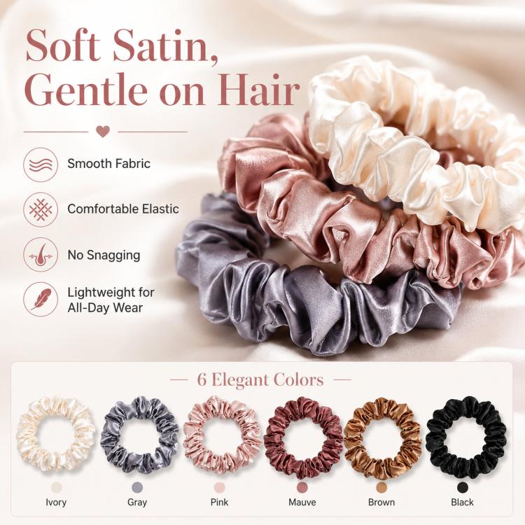 6pcs /Pack Satin Hair Scrunchies Set Minimalist Soft Hair Ties for Women and Girls Gentle No-Damage Silk-Like Hair Accessories - 1374