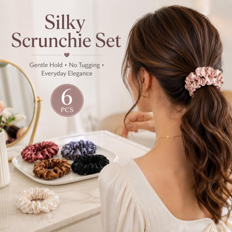 6pcs /Pack Satin Hair Scrunchies Set Minimalist Soft Hair Ties for Women and Girls Gentle No-Damage Silk-Like Hair Accessories - 1374