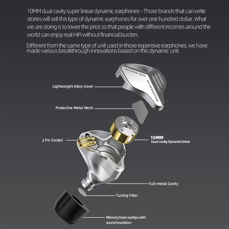 KZ-ZVX Dynamic In-Ear 1.2m Wired Earphones Deep Bass Hi-Fi Monitoring Earphones, Color: Silver With Mic