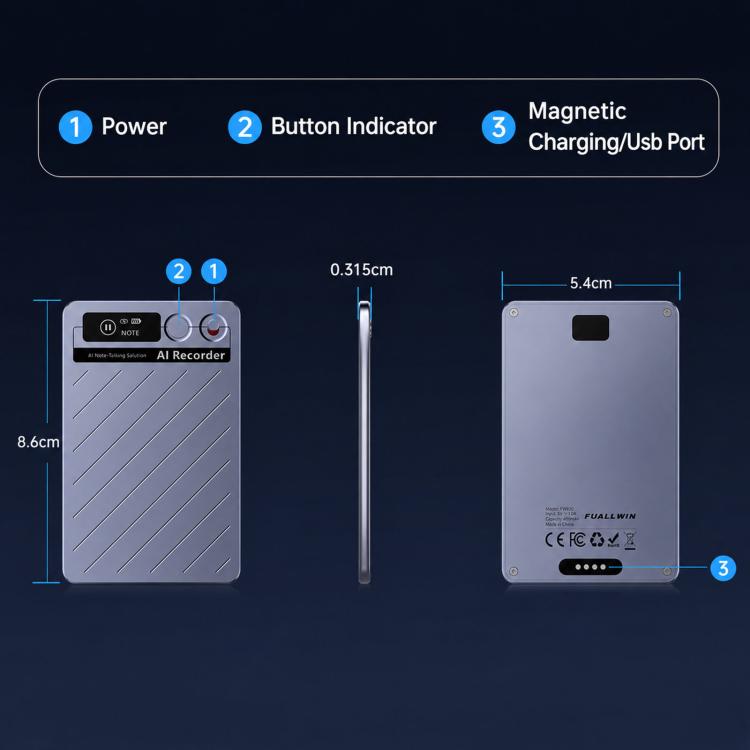 FW920E Portable Magnetic AI Smart Voice Recorder, Translation & Transcription Card?Shaped Audio Recorder, Spec: 64GB