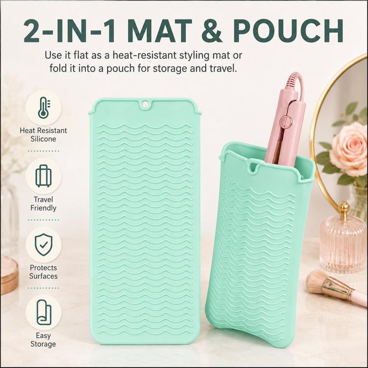 Heat Resistant Silicone Mat Pouch for Curling Iron & Flat Iron 2-in-1 Hot Hair Tool Travel Bag Organizer Non-Slip Double-Sided Wave Countertop Protective Pad for Hair Straightener - Green