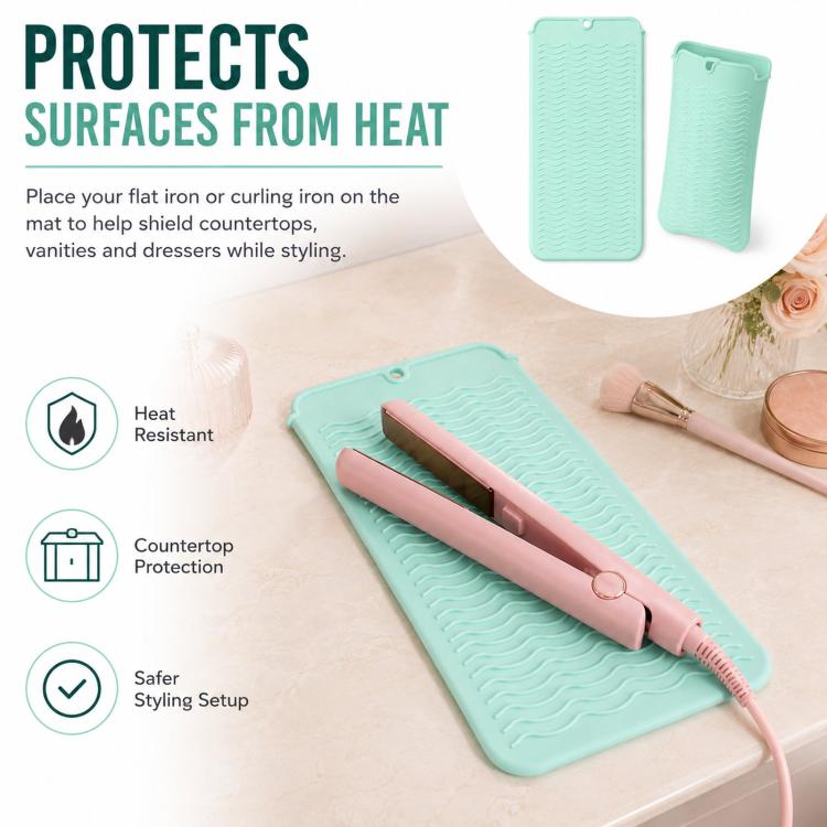Heat Resistant Silicone Mat Pouch for Curling Iron & Flat Iron 2-in-1 Hot Hair Tool Travel Bag Organizer Non-Slip Double-Sided Wave Countertop Protective Pad for Hair Straightener - Green