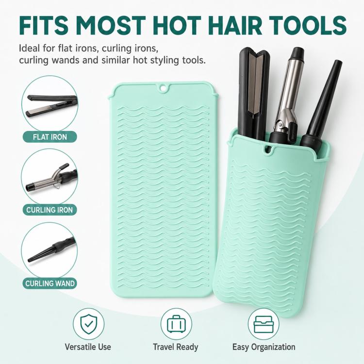Heat Resistant Silicone Mat Pouch for Curling Iron & Flat Iron 2-in-1 Hot Hair Tool Travel Bag Organizer Non-Slip Double-Sided Wave Countertop Protective Pad for Hair Straightener - Green