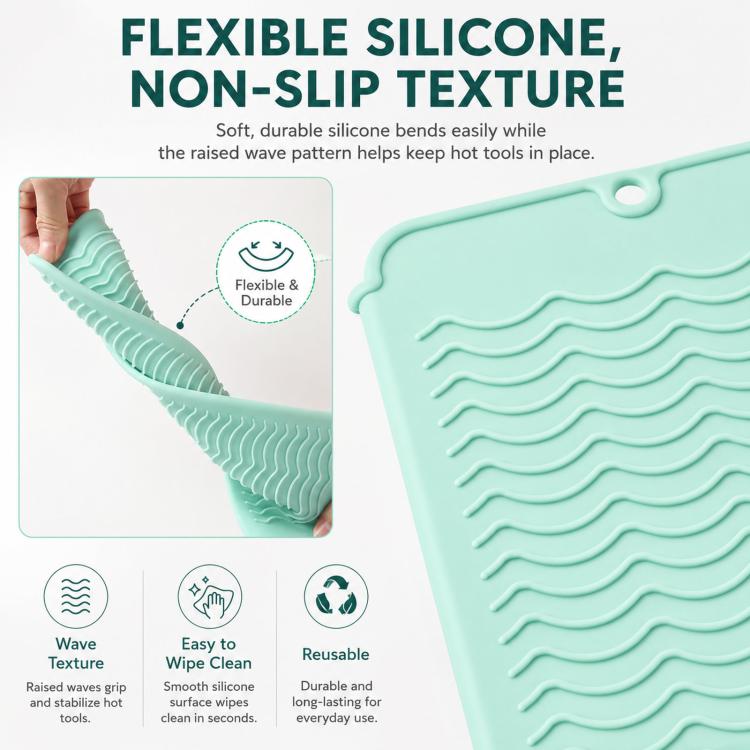 Heat Resistant Silicone Mat Pouch for Curling Iron & Flat Iron 2-in-1 Hot Hair Tool Travel Bag Organizer Non-Slip Double-Sided Wave Countertop Protective Pad for Hair Straightener - Green