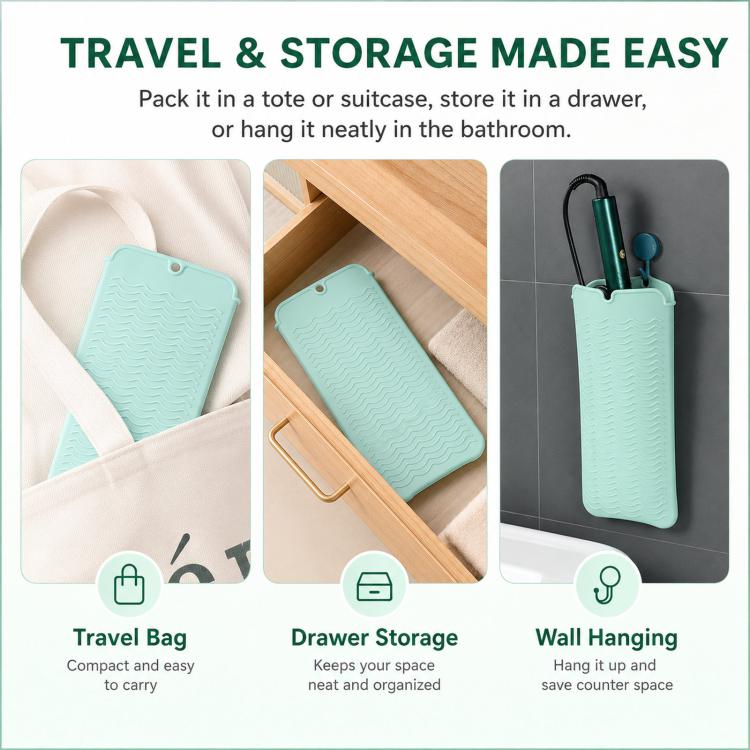 Heat Resistant Silicone Mat Pouch for Curling Iron & Flat Iron 2-in-1 Hot Hair Tool Travel Bag Organizer Non-Slip Double-Sided Wave Countertop Protective Pad for Hair Straightener - Green