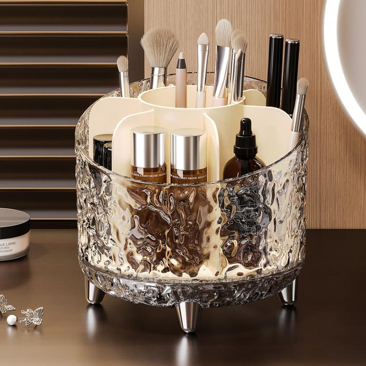 360-degree Rotating Makeup Organizer with 7 Compartments Glacial Texture Spinning Cosmetic Storage Vanity Organizer Clear Brush Holder - 13.5x13.5x12.5cm