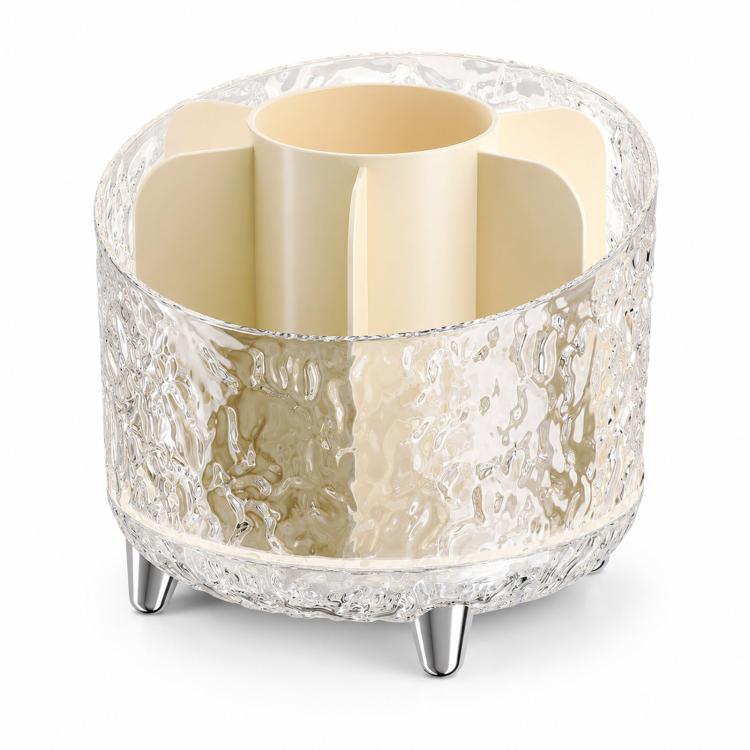 360-degree Rotating Makeup Organizer with 7 Compartments Glacial Texture Spinning Cosmetic Storage Vanity Organizer Clear Brush Holder - 13.5x13.5x12.5cm