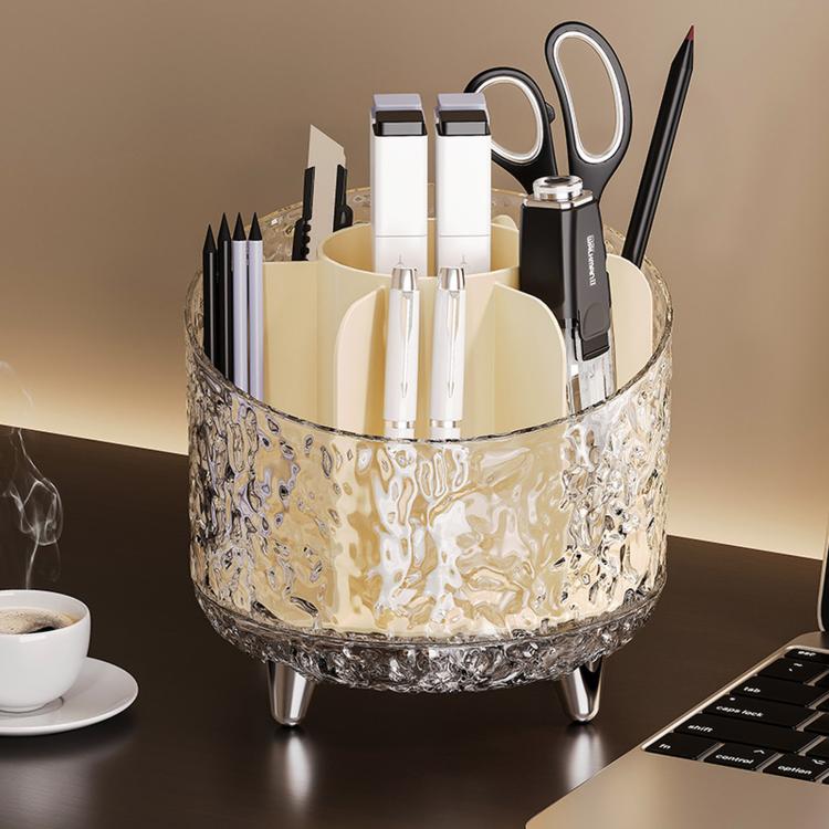 360-degree Rotating Makeup Organizer with 7 Compartments Glacial Texture Spinning Cosmetic Storage Vanity Organizer Clear Brush Holder - 13.5x13.5x12.5cm
