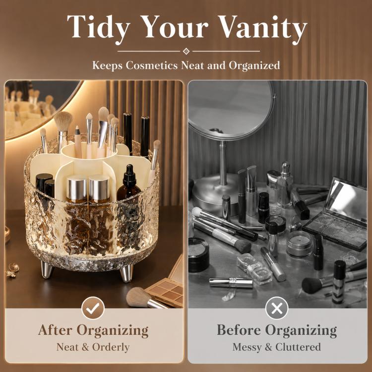 360-degree Rotating Makeup Organizer with 7 Compartments Glacial Texture Spinning Cosmetic Storage Vanity Organizer Clear Brush Holder - 13.5x13.5x12.5cm