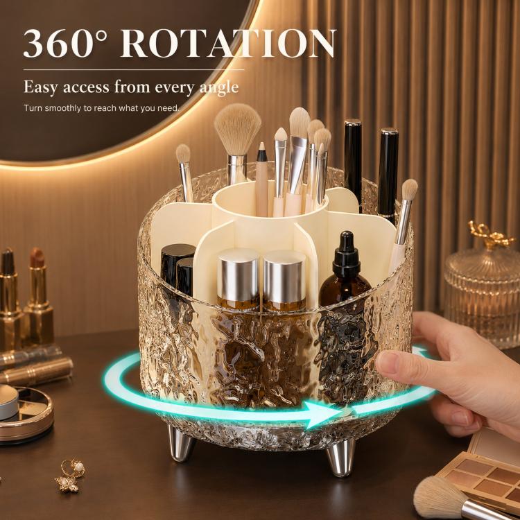 360-degree Rotating Makeup Organizer with 7 Compartments Glacial Texture Spinning Cosmetic Storage Vanity Organizer Clear Brush Holder - 13.5x13.5x12.5cm