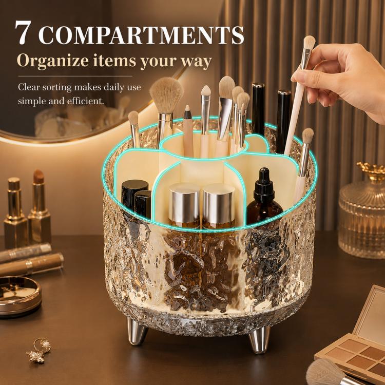 360-degree Rotating Makeup Organizer with 7 Compartments Glacial Texture Spinning Cosmetic Storage Vanity Organizer Clear Brush Holder - 13.5x13.5x12.5cm