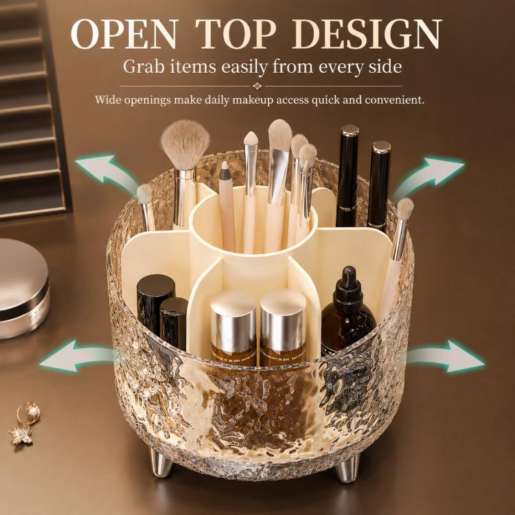 360-degree Rotating Makeup Organizer with 7 Compartments Glacial Texture Spinning Cosmetic Storage Vanity Organizer Clear Brush Holder - 13.5x13.5x12.5cm